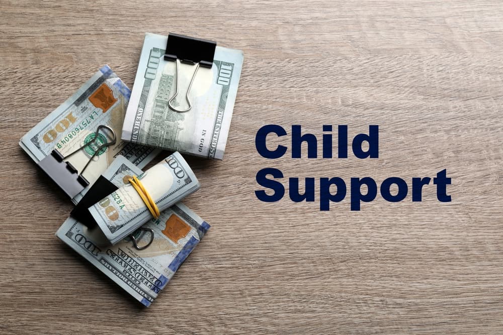 Child support concept. Many dollar banknotes on wooden table