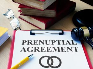 Prenuptial agreement is shown as legal and financial concept