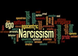 A word cloud representing the concept of narcissism, displayed on a black background.