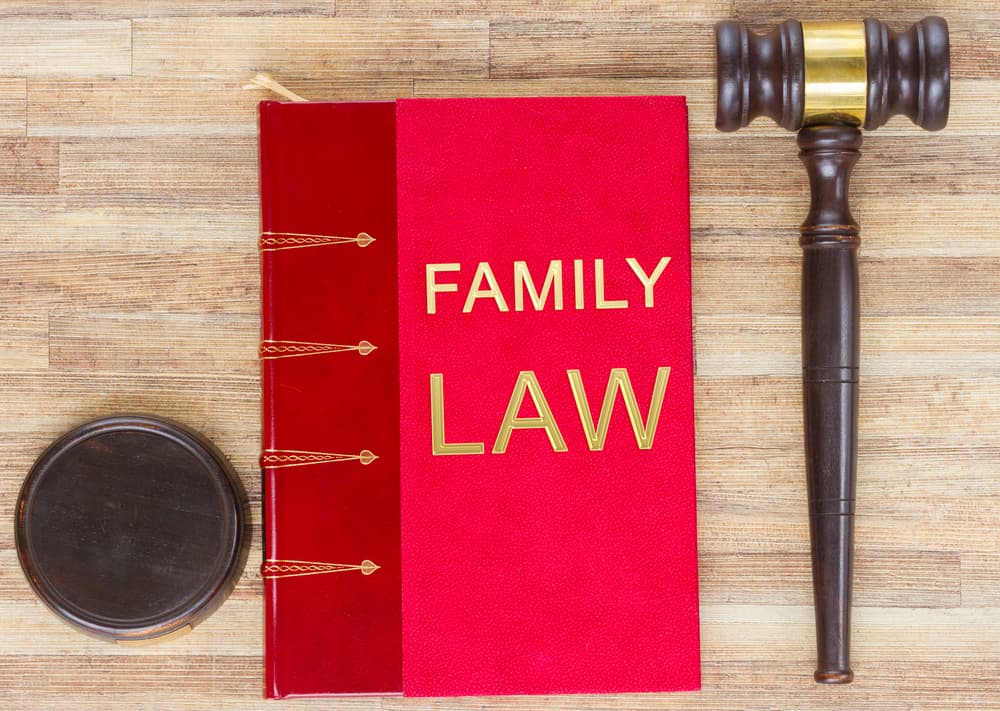 Wooden judge's gavel and red family law book on a wooden table, viewed from above.